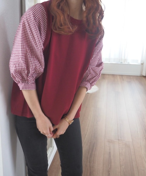 ABITOKYO（アビトーキョー）の「五分袖カットソードッキングギンガムチェックブラウス（シャツ/ブラウス・レディース・ブラック/グレー/ネイビー/レッド系/ブラック系その他/ベージュ/グリーン/ブルーグレー・FREE）」の8枚目の写真