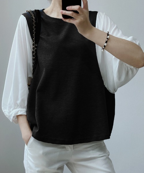 ABITOKYO（アビトーキョー）の「五分袖カットソードッキングギンガムチェックブラウス（シャツ/ブラウス・レディース・ブラック/グレー/ネイビー/レッド系/ブラック系その他/ベージュ/グリーン/ブルーグレー・FREE）」の3枚目の写真