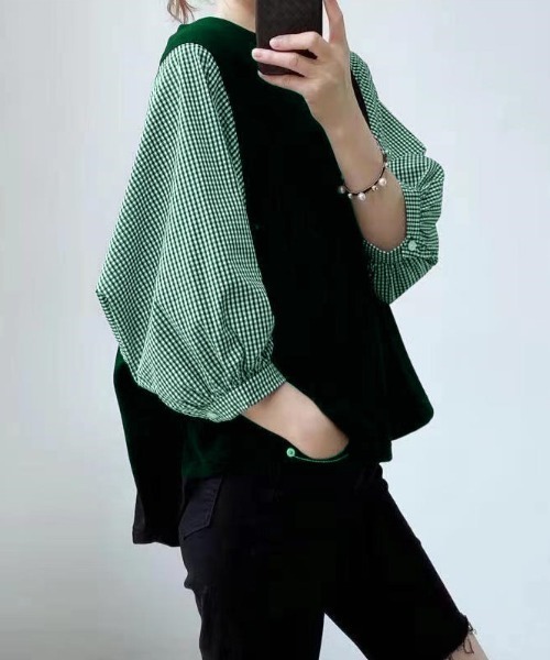 ABITOKYO（アビトーキョー）の「五分袖カットソードッキングギンガムチェックブラウス（シャツ/ブラウス・レディース・ブラック/グレー/ネイビー/レッド系/ブラック系その他/ベージュ/グリーン/ブルーグレー・FREE）」の7枚目の写真