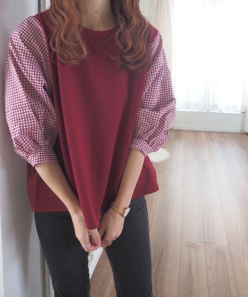 ABITOKYO（アビトーキョー）の「五分袖カットソードッキングギンガムチェックブラウス（シャツ/ブラウス・レディース・ブラック/グレー/ネイビー/レッド系/ブラック系その他/ベージュ/グリーン/ブルーグレー・FREE）」の9枚目の写真