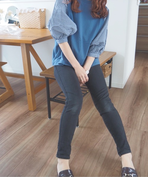 ABITOKYO（アビトーキョー）の「五分袖カットソードッキングギンガムチェックブラウス（シャツ/ブラウス・レディース・ブラック/グレー/ネイビー/レッド系/ブラック系その他/ベージュ/グリーン/ブルーグレー・FREE）」の10枚目の写真