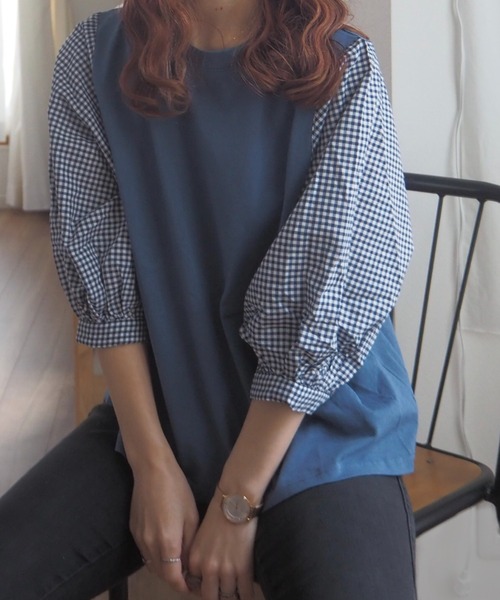 ABITOKYO（アビトーキョー）の「五分袖カットソードッキングギンガムチェックブラウス（シャツ/ブラウス・レディース・ブラック/グレー/ネイビー/レッド系/ブラック系その他/ベージュ/グリーン/ブルーグレー・FREE）」の11枚目の写真