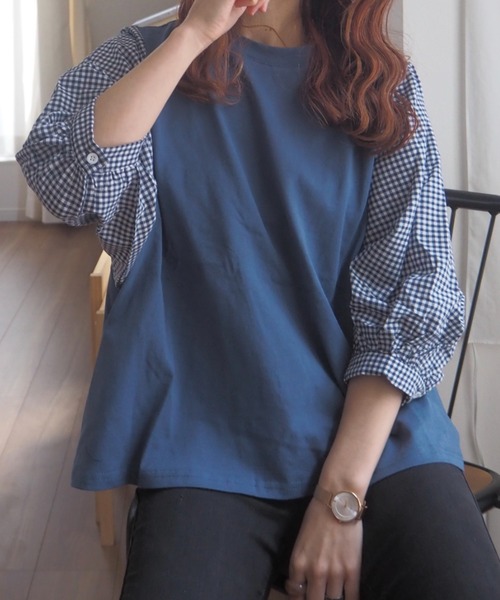 ABITOKYO（アビトーキョー）の「五分袖カットソードッキングギンガムチェックブラウス（シャツ/ブラウス・レディース・ブラック/グレー/ネイビー/レッド系/ブラック系その他/ベージュ/グリーン/ブルーグレー・FREE）」の12枚目の写真