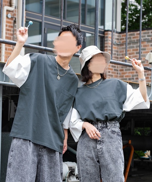 PairPair（ペアペア）の「バイカラーBOXTシャツ（ユニセックス）（Tシャツ/カットソー・レディース・グレイッシュブルー/オフホワイト/ライトグレー・FREE）」の3枚目の写真