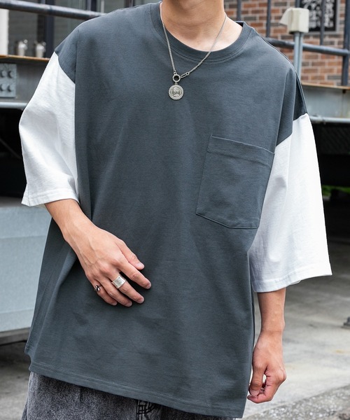 PairPair（ペアペア）の「バイカラーBOXTシャツ（ユニセックス）（Tシャツ/カットソー・レディース・グレイッシュブルー/オフホワイト/ライトグレー・FREE）」の15枚目の写真