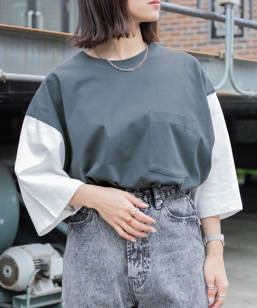 PairPair（ペアペア）の「バイカラーBOXTシャツ（ユニセックス）（Tシャツ/カットソー・レディース・グレイッシュブルー/オフホワイト/ライトグレー・FREE）」の17枚目の写真