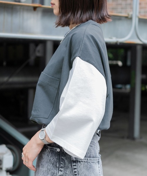 PairPair（ペアペア）の「バイカラーBOXTシャツ（ユニセックス）（Tシャツ/カットソー・レディース・グレイッシュブルー/オフホワイト/ライトグレー・FREE）」の8枚目の写真