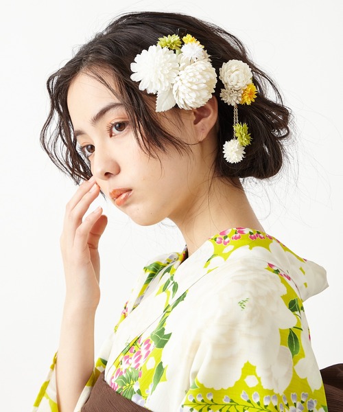 ふりふ(フリフ)の「ぽんぽん菊Uピン(和装小物・レディース・パープル/オフホワイト/ピンク・FREE)」の10枚目の写真