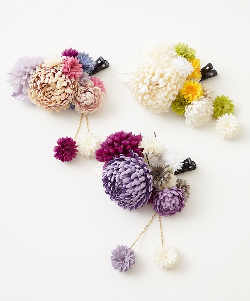 ふりふ(フリフ)の「ぽんぽん菊Uピン(和装小物・レディース・パープル/オフホワイト/ピンク・FREE)」の4枚目の写真