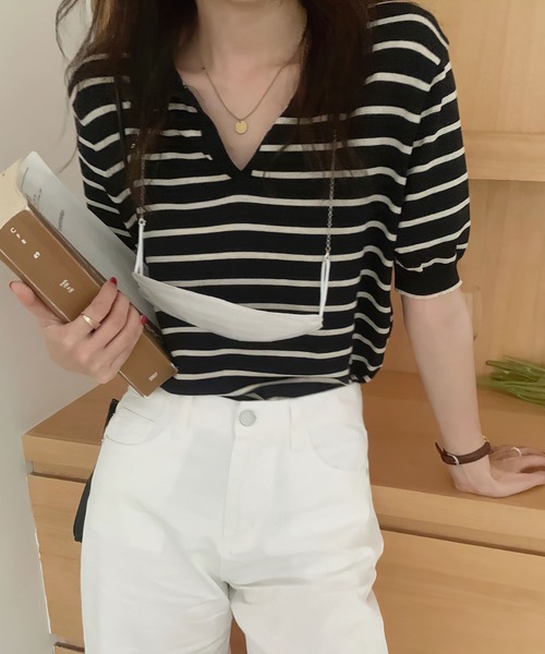 me+em select(ミームセレクト)の「襟つきリネンライクボーダーサマーニット(ニット/セーター・レディース・ネイビー/ホワイト・FREE)」の11枚目の写真