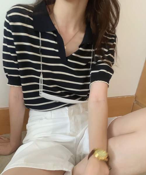 me+em select(ミームセレクト)の「襟つきリネンライクボーダーサマーニット(ニット/セーター・レディース・ネイビー/ホワイト・FREE)」の12枚目の写真
