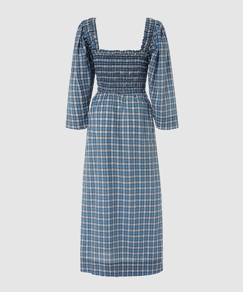 GANNI（ガニー）の「Seersucker Check Smock Midi Dress（ワンピース・レディース・ブルー系その他・38/36/34）」の2枚目の写真