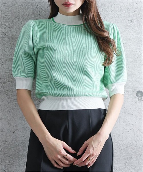 clear（クリア）の「五分袖ヘリンボーンニットトップス（ニット/セーター・レディース・ブラック/ネイビー/グリーン/マスタード・F）」の2枚目の写真