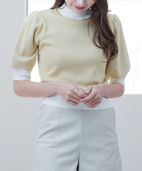 clear（クリア）の「五分袖ヘリンボーンニットトップス（ニット/セーター・レディース・ブラック/ネイビー/グリーン/マスタード・F）」の4枚目の写真