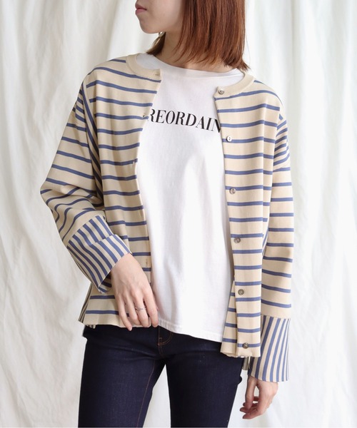 vingtrois（バントロア）の「【vingtrois】カットソーライクダンボールニットワイドボーダー切り替えカーディガン（カーディガン/ボレロ・レディース・ブラック/オフホワイト/ブルー/ミント・M）」の4枚目の写真