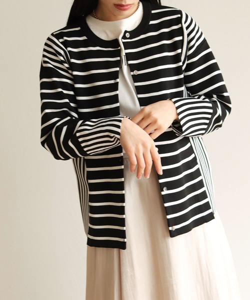 vingtrois（バントロア）の「【vingtrois】カットソーライクダンボールニットワイドボーダー切り替えカーディガン（カーディガン/ボレロ・レディース・ブラック/オフホワイト/ブルー/ミント・M）」の19枚目の写真