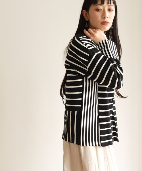 vingtrois（バントロア）の「【vingtrois】カットソーライクダンボールニットワイドボーダー切り替えカーディガン（カーディガン/ボレロ・レディース・ブラック/オフホワイト/ブルー/ミント・M）」の20枚目の写真