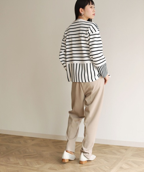 vingtrois（バントロア）の「【vingtrois】カットソーライクダンボールニットワイドボーダー切り替えカーディガン（カーディガン/ボレロ・レディース・ブラック/オフホワイト/ブルー/ミント・M）」の12枚目の写真