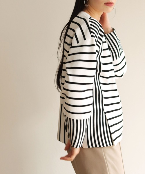 vingtrois（バントロア）の「【vingtrois】カットソーライクダンボールニットワイドボーダー切り替えカーディガン（カーディガン/ボレロ・レディース・ブラック/オフホワイト/ブルー/ミント・M）」の6枚目の写真