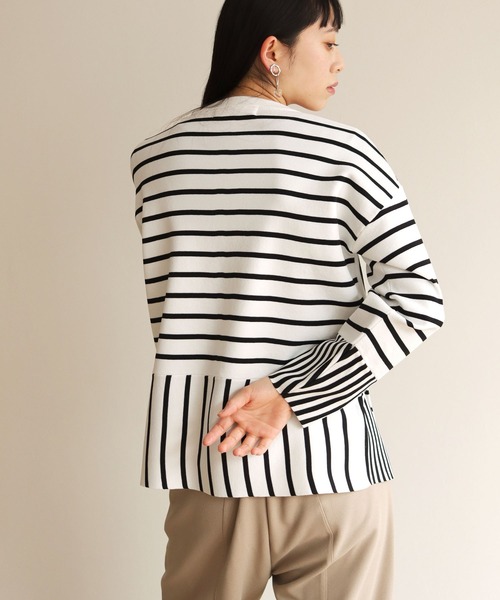 vingtrois（バントロア）の「【vingtrois】カットソーライクダンボールニットワイドボーダー切り替えカーディガン（カーディガン/ボレロ・レディース・ブラック/オフホワイト/ブルー/ミント・M）」の9枚目の写真