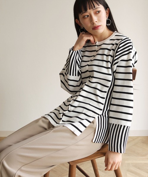 vingtrois（バントロア）の「【vingtrois】カットソーライクダンボールニットワイドボーダー切り替えカーディガン（カーディガン/ボレロ・レディース・ブラック/オフホワイト/ブルー/ミント・M）」の14枚目の写真