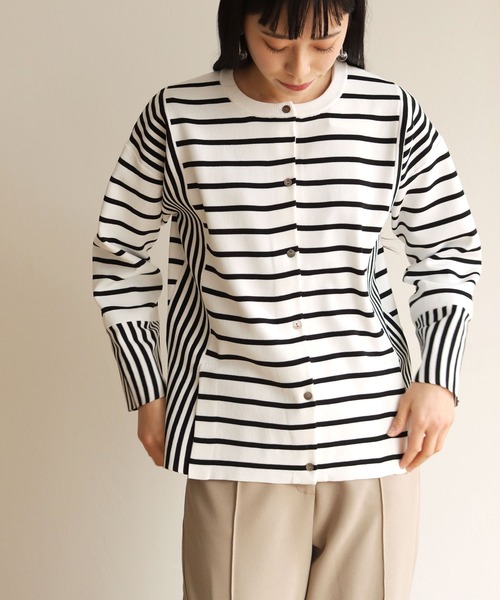 vingtrois（バントロア）の「【vingtrois】カットソーライクダンボールニットワイドボーダー切り替えカーディガン（カーディガン/ボレロ・レディース・ブラック/オフホワイト/ブルー/ミント・M）」の5枚目の写真