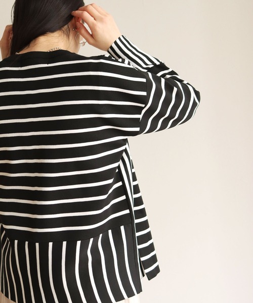 vingtrois（バントロア）の「【vingtrois】カットソーライクダンボールニットワイドボーダー切り替えカーディガン（カーディガン/ボレロ・レディース・ブラック/オフホワイト/ブルー/ミント・M）」の21枚目の写真