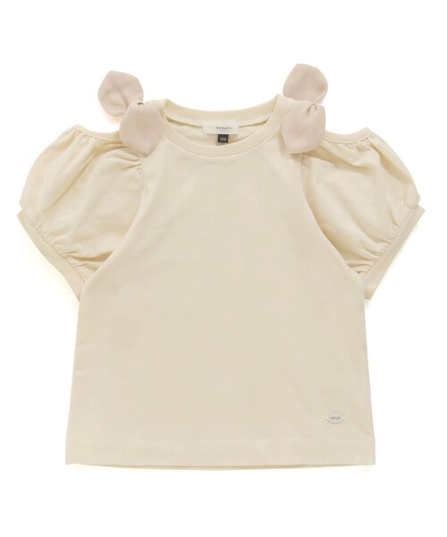 Seraph(セラフ)の「カットショルダーリボンTシャツ(Tシャツ/カットソー・キッズ・ピンク/アイボリー/グリーン・90/95/130/110/80/120/140/100)」の1枚目の写真