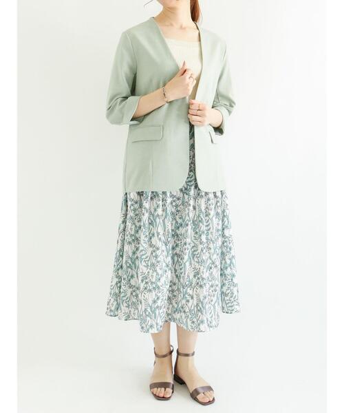 Te chichi（テチチ）の「麻調ノーカラージャケット（ノーカラージャケット・レディース・ネイビー/オフホワイト/グリーン・ﾌﾘ-）」の7枚目の写真