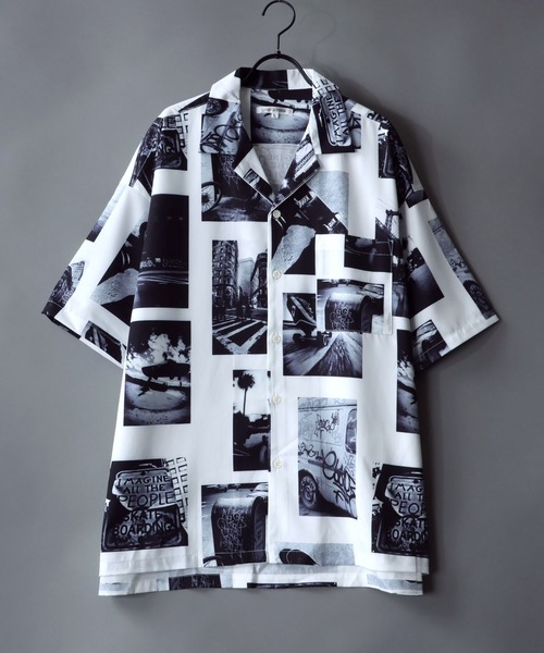 SITRY（シトリー）の「Oversize Drop shoulder open color print shirt/オーバーサイズ ドロップショルダー オープンカラー プリント 半袖シャツ（シャツ/ブラウス・メンズ・ホワイト/ブラック/ネイビー/レッド/ホワイト系その他/ブラック系その他・M/L）」の3枚目の写真