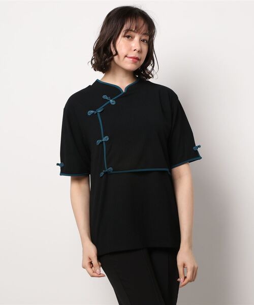 新品タグ付き⭐︎ozz on 春うらら　チャイナカットソー　黒 新品タグ付き⭐︎ozz on 春うららチャイナカットソー黒