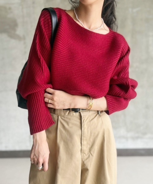 TRIANGLE PALETTE（トライアングルパレット）の「ボートネック ドルマン リブニットプルオーバー（ニット/セーター・レディース・ブラック/ベージュ/グリーン/アイボリー/グレー/ダークグレー/ワインレッド/ブラウン/ホワイト/ブルー/ライトグリーン系/ライトブルー/レッド・FREE）」の12枚目の写真