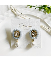 【Hi-na】ビジューとカラーガラスビーズの刺繍アクセサリー　ピアス(MA)
