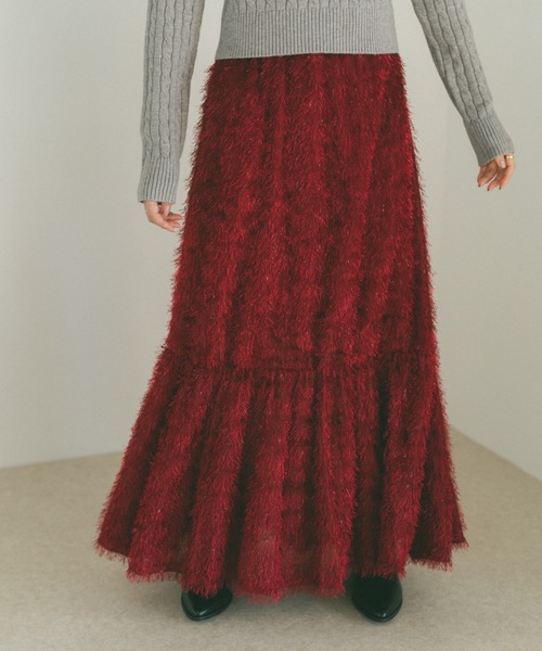 VANNIE U(ヴァニーユー)の「ラメフェザーティアードスカート/Sサイズ展開あり(スカート・レディース・アイボリー/ブラック/ピンク/グレー/レッド・S/M)」の1枚目の写真