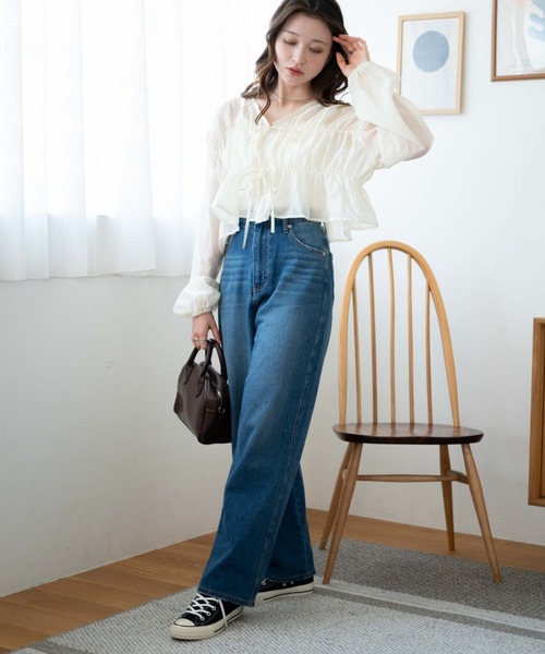 WEGO（ウィゴー）の「WEGO/シャーリングシアーブラウス（シャツ/ブラウス・レディース・ブラック/オフホワイト・FREE）」の3枚目の写真