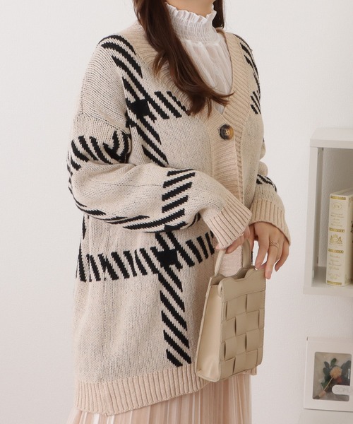 セール】チェック柄オーバーサイズニットカーディガン（ニット