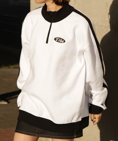FILA（フィラ）の「【別注】【FILA】 袖サイドラインオーバー ワンポイントロゴハーフジップスウェット（スウェット・レディース・杢グレー/ブラック/オートミール/ホワイト・MEDIUM/X-LARGE/LARGE）」の16枚目の写真