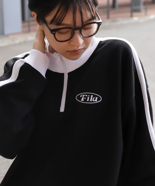 FILA（フィラ）の「【別注】【FILA】 袖サイドラインオーバー ワンポイントロゴハーフジップスウェット（スウェット・レディース・杢グレー/ブラック/オートミール/ホワイト・MEDIUM/X-LARGE/LARGE）」の18枚目の写真
