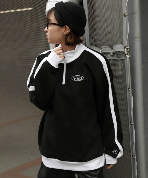 FILA（フィラ）の「【別注】【FILA】 袖サイドラインオーバー ワンポイントロゴハーフジップスウェット（スウェット・レディース・杢グレー/ブラック/オートミール/ホワイト・MEDIUM/X-LARGE/LARGE）」の19枚目の写真