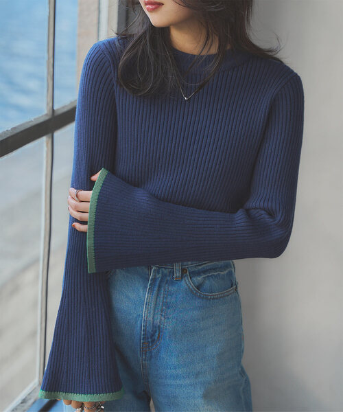 選べるフレア袖orベーシック袖！袖バイカラーもっちりリブニット
