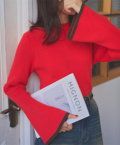 KOBE LETTUCE(コウベレタス)の「選べるフレア袖orベーシック袖!袖バイカラーもっちりリブニットトップス(ニット/セーター・レディース・ブルー/グレー系/ブラック系その他2/グレー/ブラック系その他/ホワイト系その他2/ブラック系/ベージュ系/グレイッシュベージュ/ホワイト系その他/ホワイト系/アイボリー/ブラック/ブルー系/ピンク系/サーモンピンク/ネイビー系/レッド系/ネイビー/チャコール/グレー系1/レッド・M/M1/L/L1)」の22枚目の写真