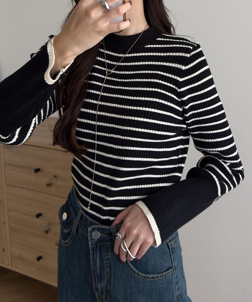 KOBE LETTUCE(コウベレタス)の「選べるフレア袖orベーシック袖!袖バイカラーもっちりリブニットトップス(ニット/セーター・レディース・ブルー/グレー系/ブラック系その他2/グレー/ブラック系その他/ホワイト系その他2/ブラック系/ベージュ系/グレイッシュベージュ/ホワイト系その他/ホワイト系/アイボリー/ブラック/ブルー系/ピンク系/サーモンピンク/ネイビー系/レッド系/ネイビー/チャコール/グレー系1/レッド・M/M1/L/L1)」の7枚目の写真