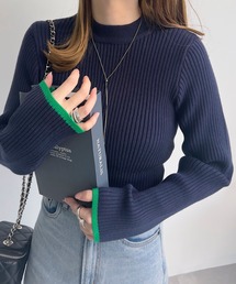 選べるフレア袖orベーシック袖！袖バイカラーもっちりリブニットトップス