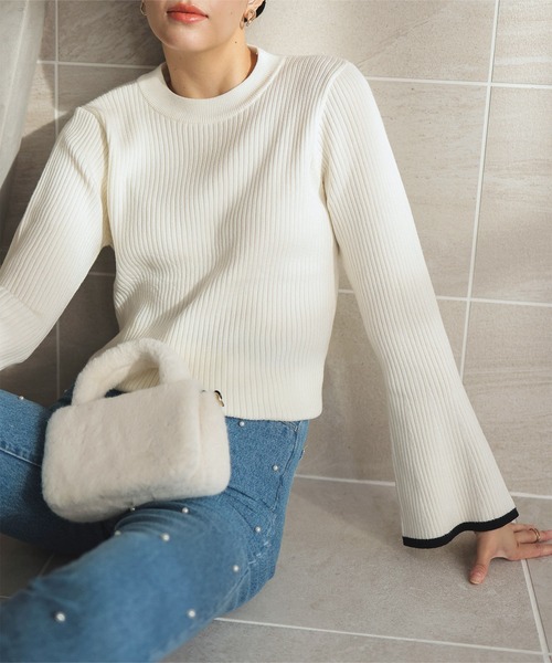 選べるフレア袖orベーシック袖！袖バイカラーもっちりリブニット