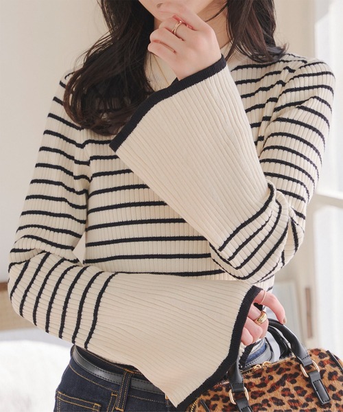 選べるフレア袖orベーシック袖！袖バイカラーもっちりリブニット