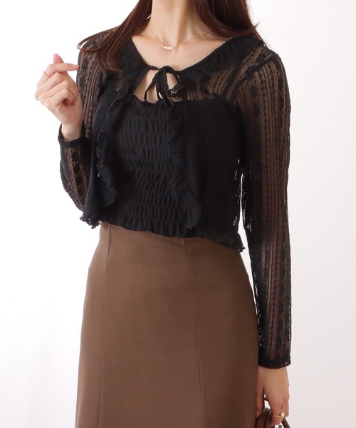 Lace Ladies(レースレディース)の「フリル リボン 総レース ボレロ カーディガン(カーディガン/ボレロ・レディース・ブラック/ホワイト/アイボリー・FREE)」の4枚目の写真