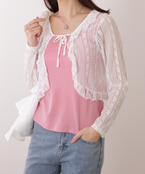 セール】フリル リボン 総レース ボレロ カーディガン（カーディガン