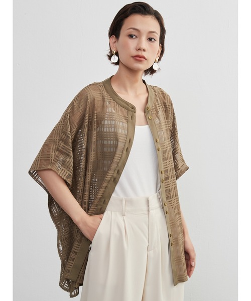 On One's Own（オンワンズオン）の「On One's Own チェックレース・シアーブラウス・半袖オーバーシャツ・異素材ドッキングトップス（シャツ/ブラウス・レディース・クリーム/ブラック/オリーブ・FREE）」の3枚目の写真
