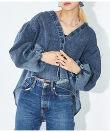 Settimissimo | ボリュームスリーブ ノーカラー デニムブラウス(シャツ/ブラウス)