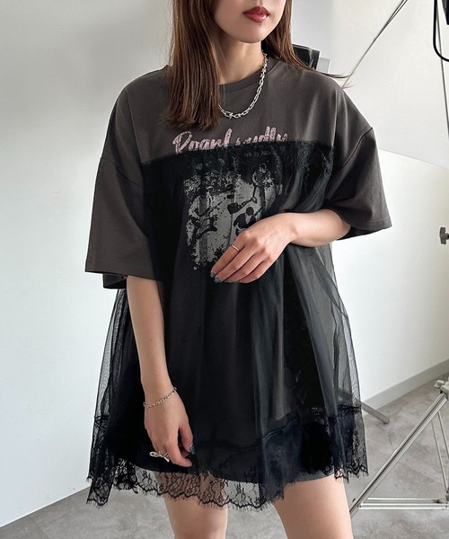 apres jour mignon（アプレジュールミニョン）の「チュールレースドッキングTシャツ【ZOZOTOWN限定アイテム】（Tシャツ/カットソー・レディース・ブラック/ナチュラル/ブラック系その他・フリー/X-LARGE）」の2枚目の写真